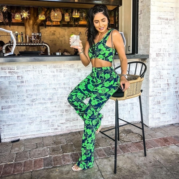 💕 Zara Green Blue Jaquard Hi waistFlare Pants Set Bloggers favourite - Picture 3 of 13